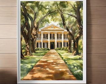 May include: Watercolor painting of a yellow house with white columns and a long driveway lined with trees. The house has a large front porch and a green lawn.