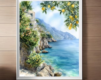 Amalfi Coast Lemon Trees Art Print: Mediterranean Watercolor Painting, Italy Wall Art (Digital Download)