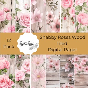Seamless Wood Texture Paper, Shabby Chic Digital Paper Pack, Roses Scrapbook Collage Sheets, Pink Vintage Roses Backgrounds Scrapbook Paper