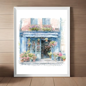 Paris Flower Shop Watercolor Art Print: French Cityscape (Digital Download)