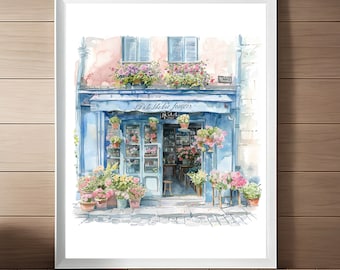 May include: A watercolor painting of a flower shop storefront with a blue awning and the text "Pâtisserie-fleurs" above the entrance. The shop is decorated with flowers and plants, and there are two windows on the second floor.