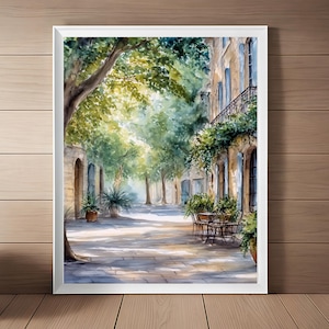 Uzes Provence Aquarell Malerei: Französisches Straßenbild (Digitaler Download)