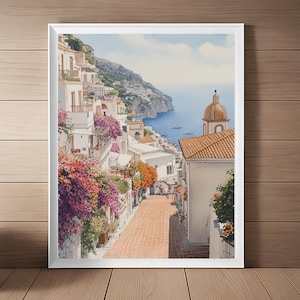 Positano Wall Art, Coastal Italy Watercolor Painting, Italian Streetscape Print, Italy Travel Poster, European Travel Gift Europe Wall Decor