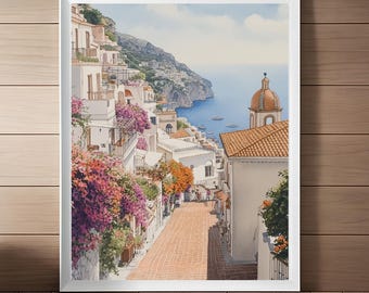 Positano Italy Watercolor Print: Coastal Italian Streetscape (Digital Download)
