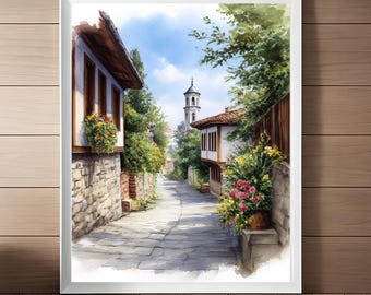 Melnik Bulgaria Watercolor Art Print: European Streetscape Travel Poster (Digital Download)