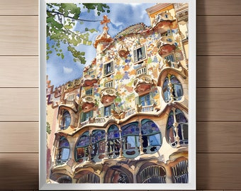 Casa Batlló Barcelona Watercolor Art Print: Gaudi Architecture (Digital Download)