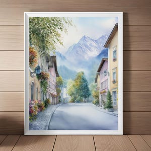 Berchtesgaden Germany Art Print, German Watercolor Painting, Mountains and Streetscape, European Travel Poster, Europe Travel Gift