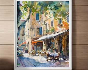 Aix en Provence Print: French Cafe Watercolor Art (Digital Download