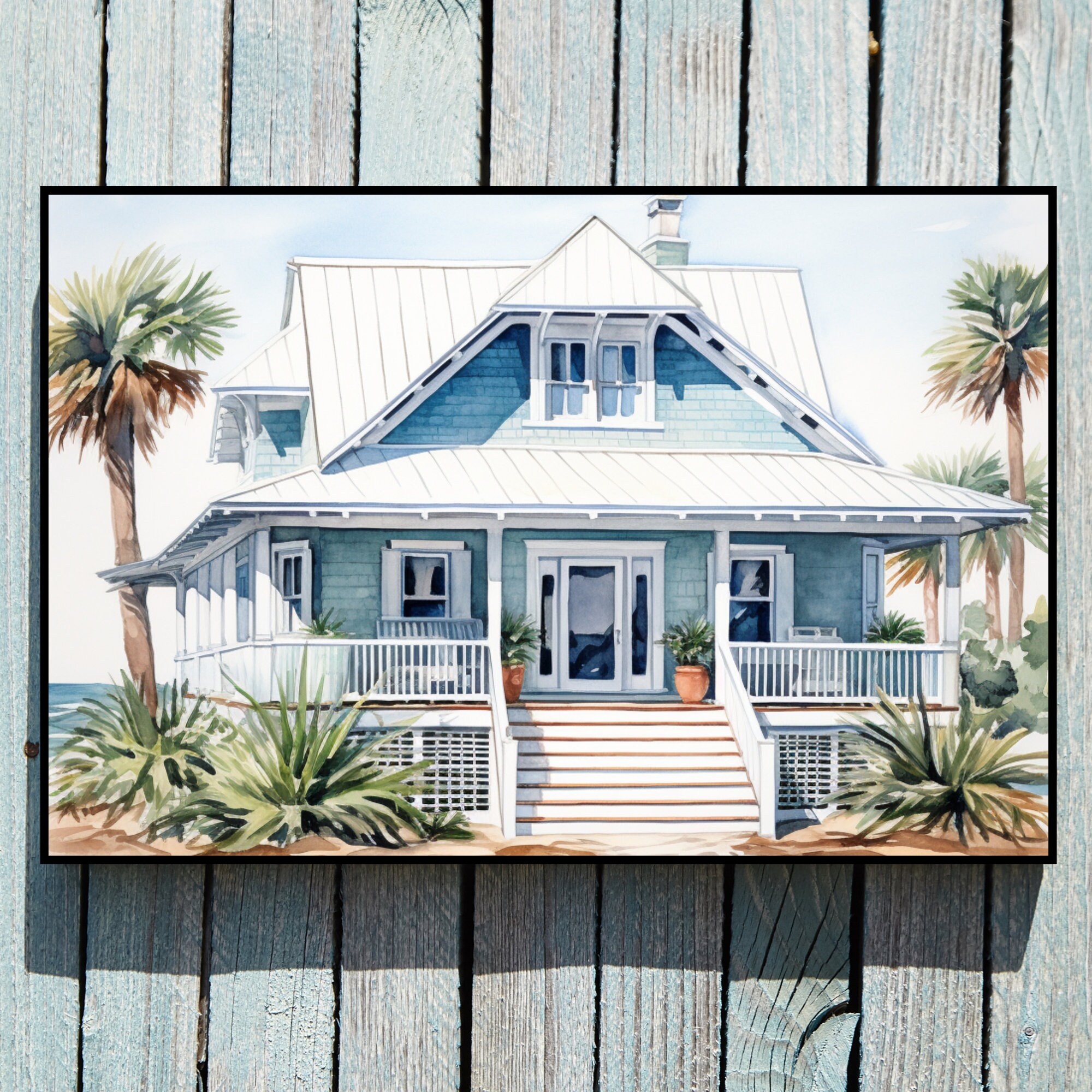 Beach House Art Print, Coastal Farm House With Large Porch Watercolor ...