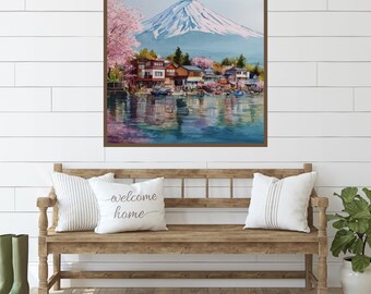 富士山水彩画プリント：日本の桜のアート（デジタルダウンロード