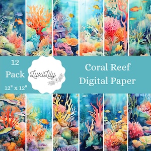 Watercolor Coral Reef Digital Paper Pack: Underwater Scrapbook Backgrounds (Digital Download)