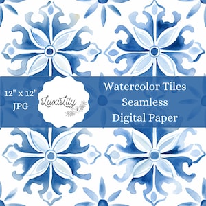 Watercolor Italian Tile Digital Paper Blue Mediterranean Seamless Scrapbook Pages Tile Pattern Backgrounds Digital Crafts Instant Download