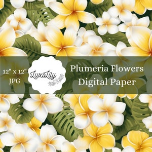 Op de afbeelding: Digitaal papier met een herhalend patroon van gele en witte frangipani bloemen, tegen groene bladeren. Het ontwerp bevat de tekst "Plumeria Flowers Digital Paper" en de afmetingen "12" x 12" JPG". De merknaam "LuxiLily" is ook aanwezig.