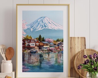 富士山水彩画プリント：日本の桜のアート（デジタルダウンロード