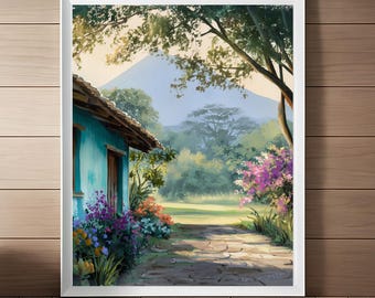 El Salvador Watercolor Art Print: Tropical Countryside Painting (Digital Download)