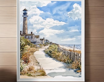 Puede incluir: Una pintura de acuarela de un faro en una playa con un camino que conduce a él. El faro es blanco con un techo rojo y está rodeado de casas y árboles. El cielo es azul con nubes blancas y el océano es azul claro.