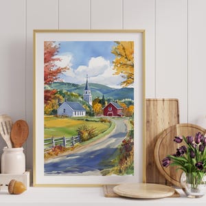 Vermont Painting, Watercolor Art Print, Vintage Landscape Art, Fall Wall Art, Autumn Wall Decor, USA Travel Gift, Printable Instant Download
