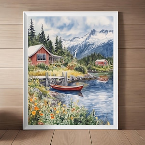 Alaska Art Print, Alaskan Landscape Watercolor Painting, Floral Wall Art, Mountains and Glaciers Art, Travel Art Gift, Instant Download