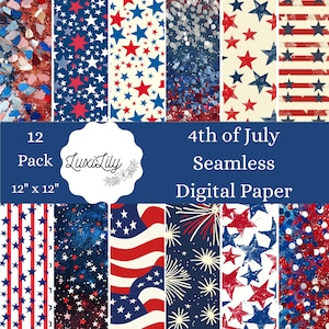 4th of July Digital Paper Pack, Stars & Stripes Background, Seamless Pattern, Red White and Blue Scrapbook Paper Sparkle Glitter Textures