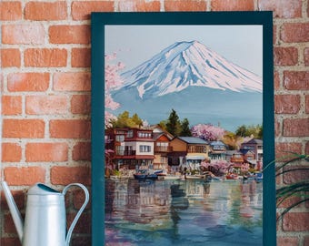 富士山水彩画プリント：日本の桜のアート（デジタルダウンロード