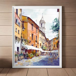 Pintura de paisaje urbano de Trastevere, impresión artística de acuarela de Italia, arte mural de Roma, arte de viaje italiano, regalo de viaje a Europa, descarga imprimible