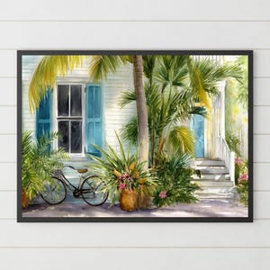 Key West Cottage Watercolor Print: Coastal Farmhouse Wall Art (Digital Download