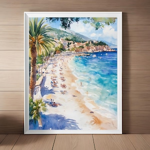 Lámina artística de Plage Paloma, acuarela de la Riviera Francesa, lámina de la Costa Azul, arte mural francés, paisaje marino, póster de viaje, regalo de viaje, descarga