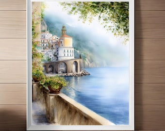 Aquarelle sur la côte amalfitaine en Italie : impression d'art amalfitaine, art mural italien (téléchargement numérique)