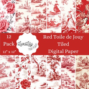 Nahtlose rotes Toile digitales Papier, Toile de Jouy digitales Papier, Rotes Scrapbooking Papier Pack Vintage Hochzeitspapier