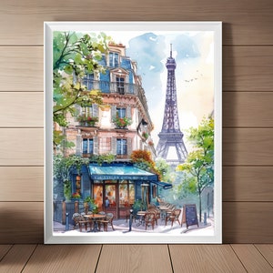 エッフェル塔の水彩画アートプリント、パリの絵画、パリのカフェ風景、フランスの都市景観、壁アート、フランス旅行アート、印刷可能、ダウンロード