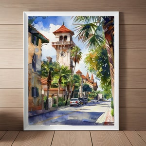 May include: Watercolor painting of a street scene in a city with a tall clock tower building, palm trees, and cars. The building has a red tile roof and white walls. The street is lined with palm trees and there are cars parked on the side of the street.