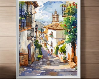 Granada Spain Watercolor Painting: Colonial Streetscape Art (Digital Download)
