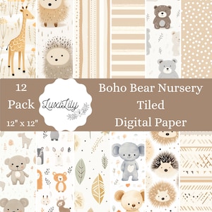 Baby Boho Bear Carta digitale Genere neutro Neonato Scrapbooking Beige modello Per bambino Per bambina Carino Asilo nido Animali Modello senza cuciture