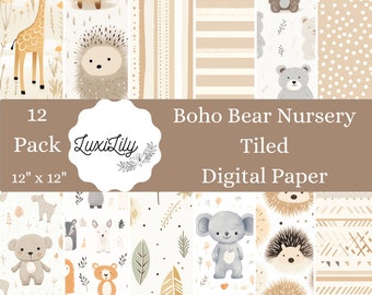 Boho Bear Nursery Digital Paper: 12 Seamless Patterns (Digital Download)