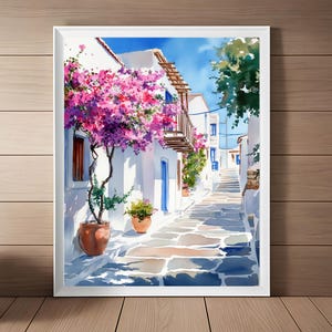 Andros Art Print, Greece Watercolor Painting, Greek Streetscape, Greece Travel Poster, European Travel Gift, Printable Instant Download