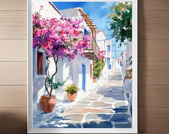Andros Greece Art Print: Watercolor Greek Streetscape (Digital Download)