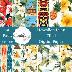 Seamless Hawaiian Digital Papers, Tropical Paper Pack, Scrapbooking Paper, Hawaii Luau, Hibiscus pattern plumeria flower palm trees download