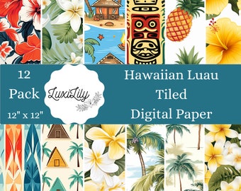 Seamless Hawaiian Digital Papers, Tropical Paper Pack, Scrapbooking Paper, Hawaii Luau, Hibiscus pattern plumeria flower palm trees download