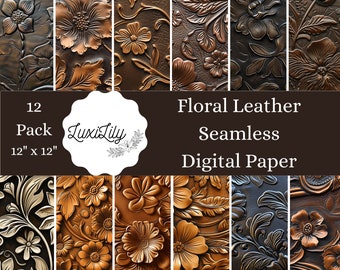 May include: A digital paper pack featuring 12 seamless patterns of floral designs on a leather background. The patterns are in shades of brown, gold, and black. The text "Floral Leather Seamless Digital Paper" is displayed on the image.