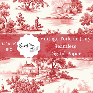 Papel digital Toile rojo vintage, papel digital Toile de Jouy sin costuras, papel imprimible para scrapbooking rojo, patrón tradicional chino