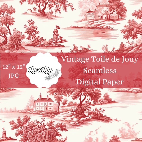 Vintage Red Toile Digital Paper, Seamless Toile de Jouy digital paper, Red Scrapbooking Paper Printable, Traditional Chinese Pattern