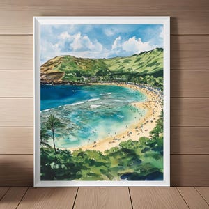 Hanauma Bay Watercolor Print: Oahu Hawaiian Beach Art (Digital Download)