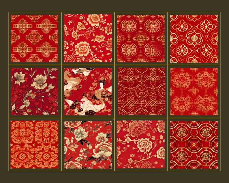 Red Gold Chinoiserie Digital Paper Seamless Pattern Chinese Etsy