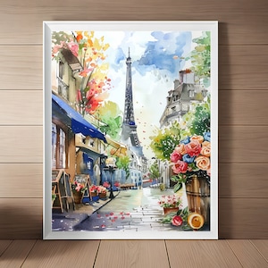 Paris Street Scene Watercolor Art Print: Eiffel Tower, Spring Cityscape (Digital Download)
