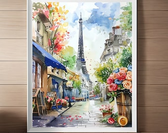 Paris Street Scene Watercolor Art Print: Eiffel Tower, Spring Cityscape (Digital Download)