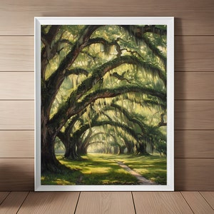 Mossy Oak Trees Painting, Charleston Art Print, Line of Oak Trees with Spanish Moss Artwork, South Carolina Landscape Wall Art Download