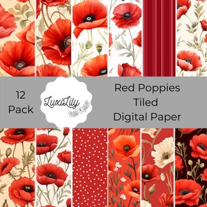 Pacchetto di carta digitale Papaveri, foglio di collage floreale rosso, pacchetto di scrapbooking digitale, set di carta per decoupage Papaveri, carta digitale rossa, papaveri rossi
