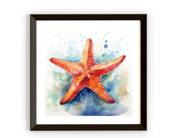 Starfish Art Print, Printable Starfish Beach House Art, Starfish Painting, Orange Starfish, Watercolor Starfish Wall Art, Coastal Wall Decor