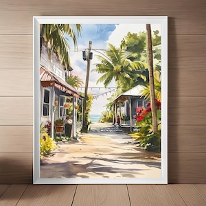 Key Largo Art Print, Florida Keys Watercolor Painting, Streetscape Print, Beach Wall Art, South Florida Travel Art Printable Download