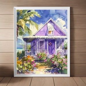 Peinture de Key West, aquarelle cottage des Florida Keys, impression côtière, art mural plage, art de voyage en Floride téléchargement immédiat